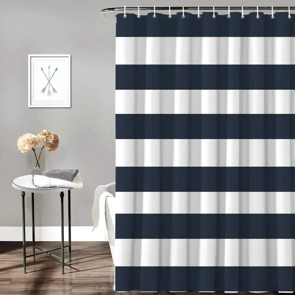 Nautical Stripe Design Navy & White Fabric Shower Curtain 70